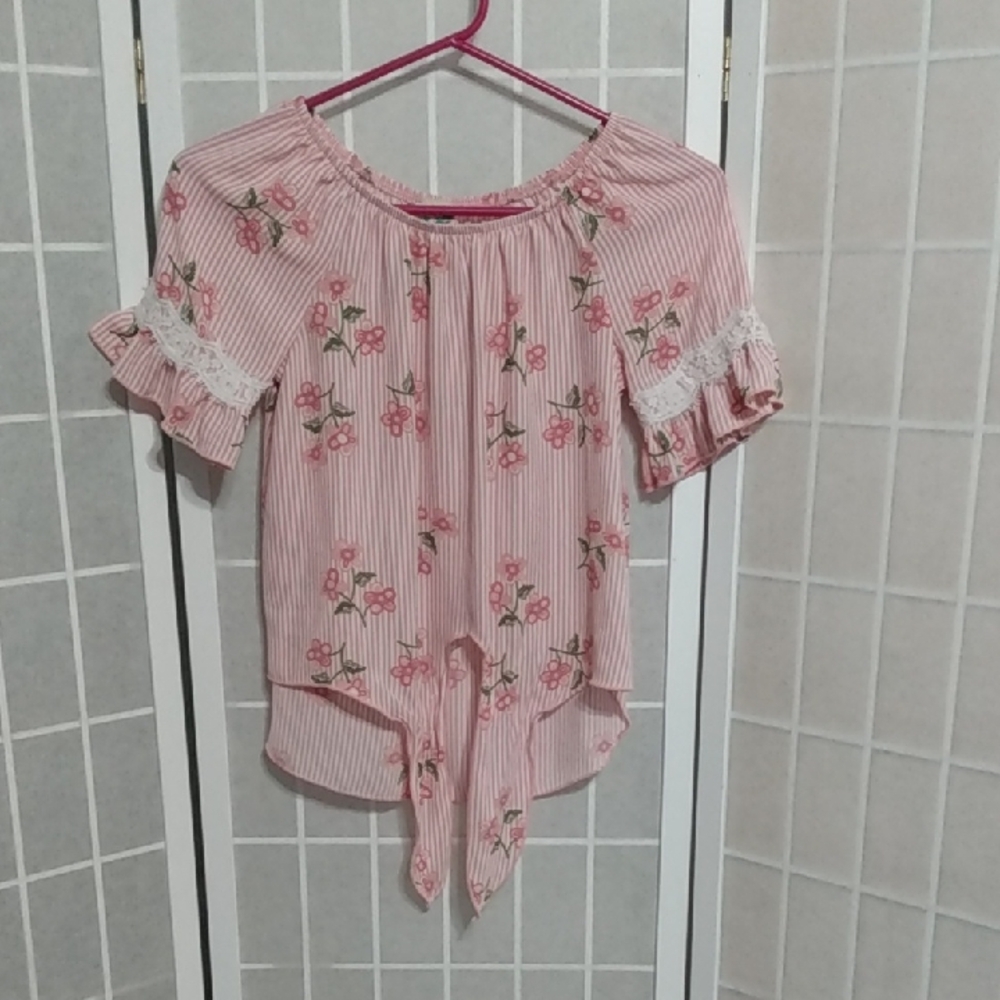 Lily Bleu Girls Pink Stripe Floral Tie Front Top‎ Size L 14